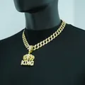 Stylish gold-colored Cuban link necklace featuring an iced-out crown KING pendant. - Crown KING Pendant With Cuban Link Chain / 18 inch / Gold