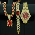 Luxuriöses, eisgekühltes Gold-Schmuckset mit Halskette, Armband und Uhr mit roten Steinen - Nur Kollektion (Ohne Geschenkbox) / Gold Roter Zirkonia