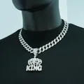 Iced out silver Cuban chain with crown KING pendant for men and women hip hop jewelry - Crown KING Pendant With Cuban Link Chain / 18 inch / Silver