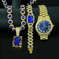 Luxuriöses goldenes Herrenschmuck-Set mit blauem Edelstein-Anhänger, Armband und passender Uhr - Nur Kollektion (Ohne Geschenkbox) / Vergoldet Blauer Zirkonia