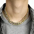 Detailed shot of a gold Cuban link necklace with full diamond inlay on a model's neck. - 16inches/40cm / Gold