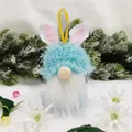 Easter gnome candy jar with light blue fuzzy hat and bunny ears hanging decoration - Blue