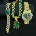 Luxuriöses goldfarbenes Herren-Schmuckset mit Uhr Halskette und grünen Edelsteinen - Nur Kollektion (Ohne Geschenkbox) / Gold Grüner Zirkonia