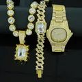 Goldfarbenes Iced-Out Schmuckset für Herren inklusive Uhr, Armband und Halskette - Nur Kollektion (Ohne Geschenkbox) / Gold Weißer Zirkonia