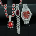 Exklusives Luxus Herren Schmuckset Silber und Rot mit Uhr, Halskette und Armband - Nur Kollektion (Ohne Geschenkbox) / Silber/Roter Zirkonia