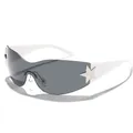 Gafas de sol envolventes estilo Y2K con montura blanca y detalles de estrellas plateadas. - Montura Blanca Lente Gris