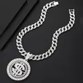 Iced out rotating silver dollar sign pendant with rhinestone Cuban link chain for men - Necklace Set / 20 Inch Cuban Chain / Silver