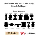 Graduation theme scratch art kit with 12 card silhouettes, bamboo sticks and ribbons - Graduation Theme (12Pcs Set) / Set of 12