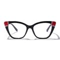 Stilvolle Katzenaugen-Brille mit Blaulichtfilter und rot-weißen Akzenten in Schwarz - Schwarz-Rotes Patchwork