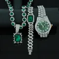 Luxuriöses Herren-Schmuckset mit Uhr, Halskette und Armband mit grünen Edelsteinen - Nur Kollektion (Ohne Geschenkbox) / Silber Grüner Stein