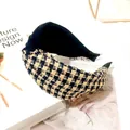 Detail view of houndstooth patterned knotted headband with French retro style - Houndstooth Cross Knot / Navy Blue