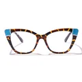 Modische Katzenaugen-Brille mit Blaulichtfilter, Leopardenmuster und blauen Akzenten. - Blaues Leoparden-Patchwork