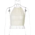 Detailed view of cream ruffled halter top with layered pleats and sheer hem design - XS / Tops / Apricot