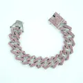 Dettaglio del bracciale hip-hop con maglia cubana e strass rosa lucenti su lega. - 8 pollici (20cm) / Argento-Rosa