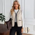 Stylish women's beige quilted vest featuring contrast zig-zag trim and button closure - S / Tops / Beige