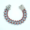 Bracciale a maglia cubana hip-hop con strass rossi, blu e bianchi in lega metallica - 8 pollici (20cm) / Argento-Rosso/Blu