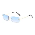 Occhiali da sole senza montatura con lenti sfumate blu e aste eleganti in metallo oro. - Doppio blu