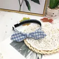 Adorable blue and white checkered gingham headband with cute rabbit ears bow tie - Light Blue Plaid Bunny Ear