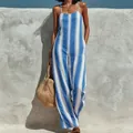 Summer casual sleeveless jumpsuit style with elegant blue and white vertical stripes - S / Jumpsuits / Blue