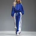 Vintage blue and white color block women's tracksuit with hooded sweatshirt and wide-leg pants - S / Top And Bottom / Blue & White