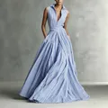 Elegant blue and white vertical striped sleeveless polo collar maxi shirt dress - XS / Dresses / Blue and White Stripes