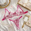 Elegant fuchsia rose embroidery lingerie set on silk background with lace details. - S / Top And Bottom / Rose Red