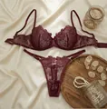 Elegant burgundy rose embroidered sheer lace lingerie set with pearl decorations - S / Top And Bottom / Brown