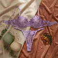 Close-up of elegant purple lace lingerie set featuring intricate rose embroidery on sheer mesh - S / Top And Bottom / Taro Purple