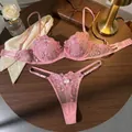 Detailed view of pink sheer lingerie set with elegant rose embroidery on lace - S / Top And Bottom / Dusty Pink