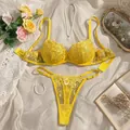 Detailed view of yellow sexy lingerie set featuring floral embroidery and sheer lace textures - S / Top And Bottom / Yellow D