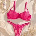 Detail shot of pink lace lingerie set with rose floral embroidery and sheer mesh fabric - S / Top And Bottom / Watermelon Pink