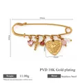 Élégante broche épingle de sûreté en acier inoxydable avec breloques et dorure PVD 18K, 69mm - Croix de Coeur Vintage