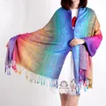Vibrant rainbow gradient paisley jacquard cotton linen shawl with tassels for women - 200cm / Purple
