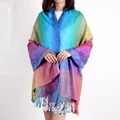 Rainbow paisley jacquard shawl with tassels, large ethnic cotton linen scarf for women - 200cm / Peacock Blue