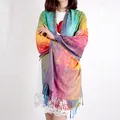 Rainbow paisley jacquard shawl with tassels, bohemian cotton linen scarf for women - 200cm / Lemon Yellow