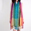Women's ethnic style jacquard cotton linen large scarf with rainbow paisley and tassels - 200cm / Sapphire Blue