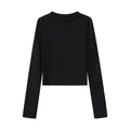 Premium black long sleeve cropped T-shirt featuring a slim fit and classic round neckline. - Black