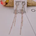 Elegantes pendientes de borla larga en acero inoxidable rosa con diseño de estrella - Borla de Estrella Blanca (8558)