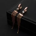 Pendientes de borla de acero inoxidable oro rosa con cristal de circón brillante - Hebilla de Oreja Cadena en O con Borla (8515)