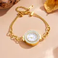 Detailed macro view of elegant crystal-set gold round watch with a double-layer chain - Double Layer Chain Watch (A111) / Gold