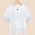 Elegant white round neck T-shirt with intricate lace patchwork hem and sleeves - M / Tops / White