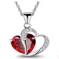 Red heart-shaped crystal pendant necklace with elegant silver-tone water wave chain - Red