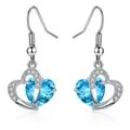 Elegant white gold plated heart drop earrings with bright blue crystal and shiny CZ accents - Hook Style / Blue