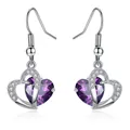 Elegant platinum-plated heart-shaped drop earrings with purple cubic zirconia crystals - Hook Style / Purple