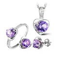 Detailed view of heart-shaped purple zircon jewelry set including necklace, ring, earrings - Heart Jewelry Set / Size 6 / Purple