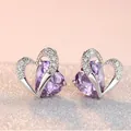 Elegant heart-shaped earrings with purple zirconia in silver-plated finish - Stud Earrings / Purple