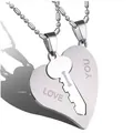 Stainless steel heart puzzle key couple necklace with Love You engraving in silver - Steel Heart Key Puzzle (Ball Chain) / Steel
