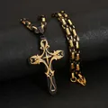 Close-up of hip hop stainless steel cross pendant with gold and black Byzantine chain - Black and Gold (Byzantine Chain)