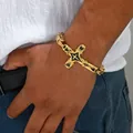 Detail shot of a men's gold stainless steel hip hop cross bracelet worn on wrist - Gold Cross Bracelet