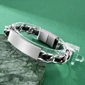 Men's silver Cuban link bracelet with engravable metal plate for personalized styling. - Cuban Woven Style / Steel